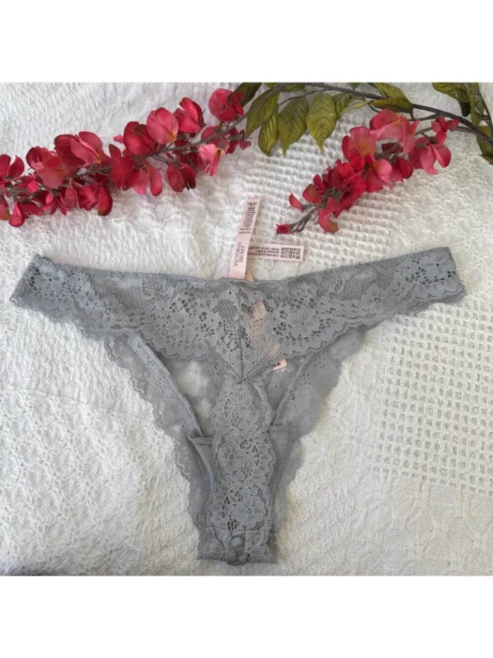 VICTORIA'S SECRET L DREAM ANGELS BLUE GRAY LACE WIDE STRING THONG PANTIES NWT